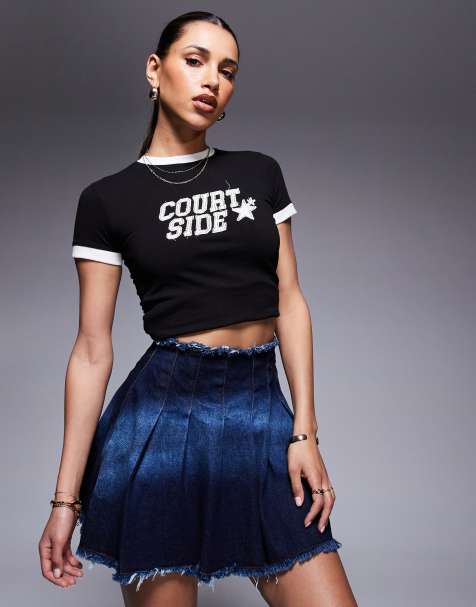 Courtside pleated denim mini skirt with stone wash detail in blue rinse 