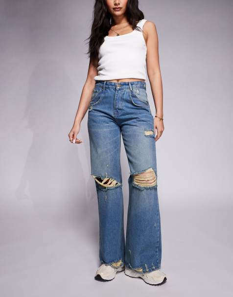 Courtside extreme distressed wide leg jean in washed blue