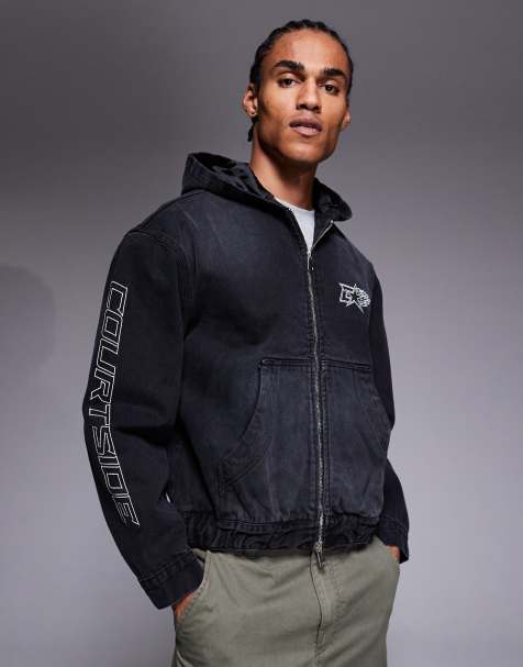 Courtside – Oversize-Jeansjacke in Schwarz mit Kapuze und Logo-Stickerei - view 1