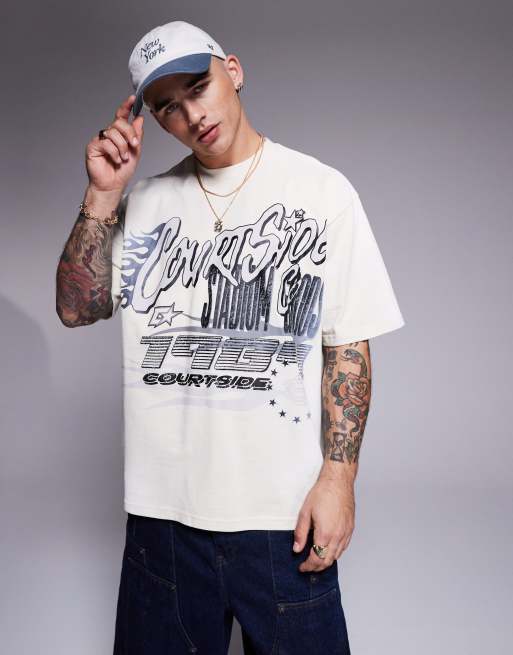 Courtside – Oversize-T-Shirt in Cremeweiß aus 250 g schwerem Material mit Motivdetail, 3 von 4