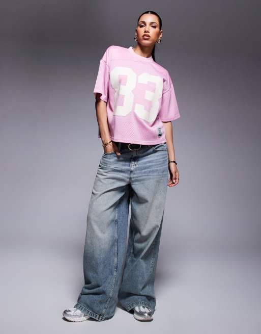 Courtside oversized athletic top with varsity motif detail in pink