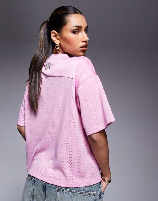 Courtside oversized athletic top with varsity motif detail in pink