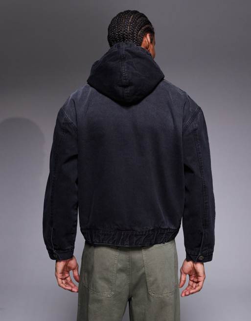 Courtside oversized hooded denim jacket in black with logo embroidery, 3 of 5