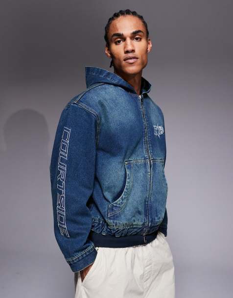 Courtside oversized hooded denim jacket in midwash vintage blue with logo embroidery - view 1
