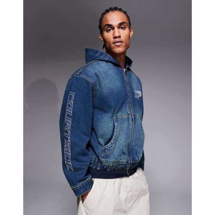 Courtside oversized hooded denim jacket in midwash vintage blue