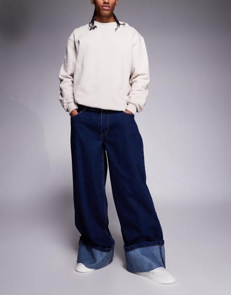Courtside - Oversized jeans met zoom met omslag in blauw met donkere wassing - view 1
