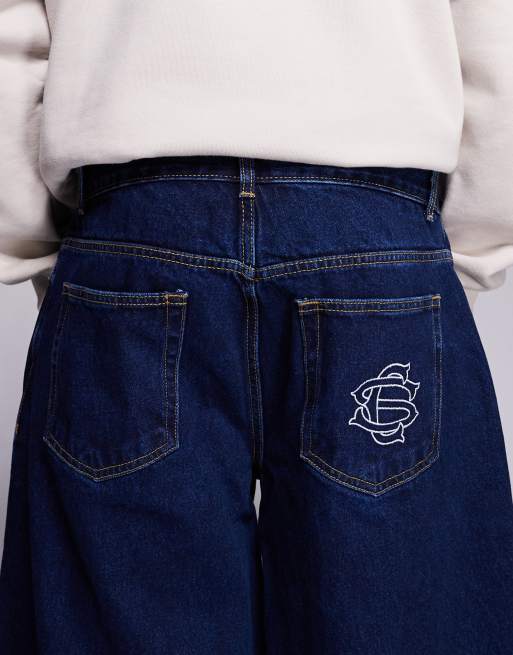 Courtside - Oversized jeans met zoom met omslag in blauw met donkere wassing, 4 van 5