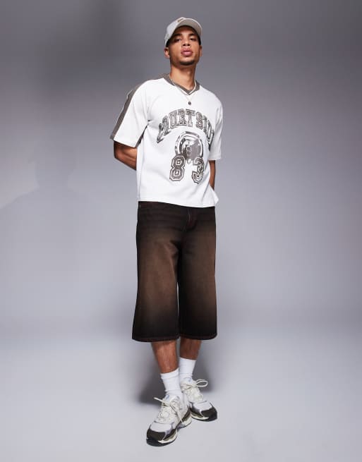 Courtside - Oversized T-shirt met motief en contrasterende inzetstukken in crème, 2 van 4
