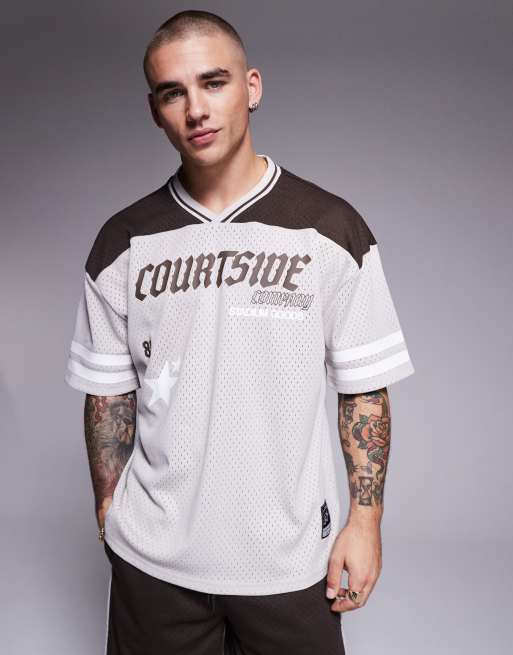 Courtside - Oversized T-shirt met sportlogo en contrasterend inzetstuk in bruin