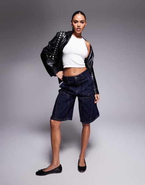Courtside panel detail denim jort with back pocket logo embroidery in indigo - view 1