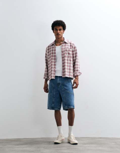 Courtside panel detail denim jorts in mid wash blue - view 1