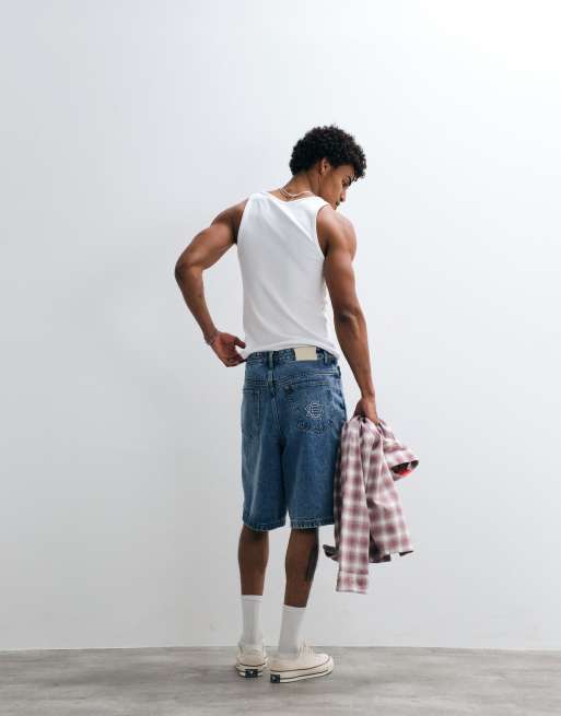 Courtside panel detail denim jorts in mid wash blue, 4 of 5