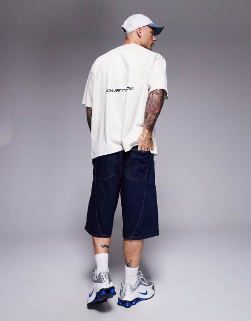 Courtside panel detail denim jorts with back pocket logo embroidery in indigo