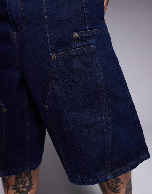 Courtside panel detail denim jorts with back pocket logo embroidery in indigo