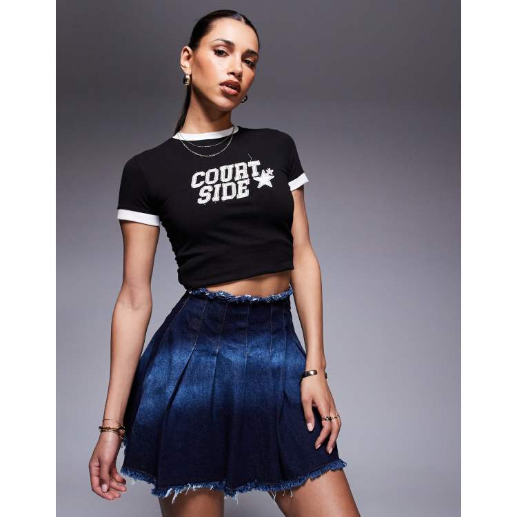 Courtside pleated denim mini skirt with stone wash detail in
