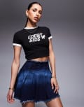 [Courtside] Courtside pleated denim mini skirt with stone wash detail in blue rinse-White W28 Blue Rinse