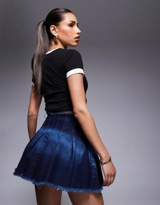 Courtside pleated denim mini skirt with stone wash detail in