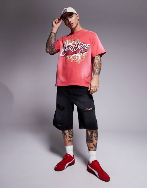 Courtside - Rød oversized T-shirt med kontrasterende logo i stof på 250 gsm, 4 af 4