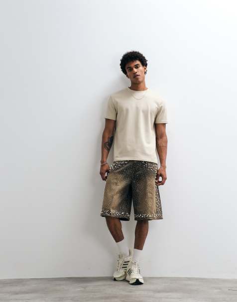 Courtside rhinestone faux pearl embellished jorts in dirty wash blue - view 1