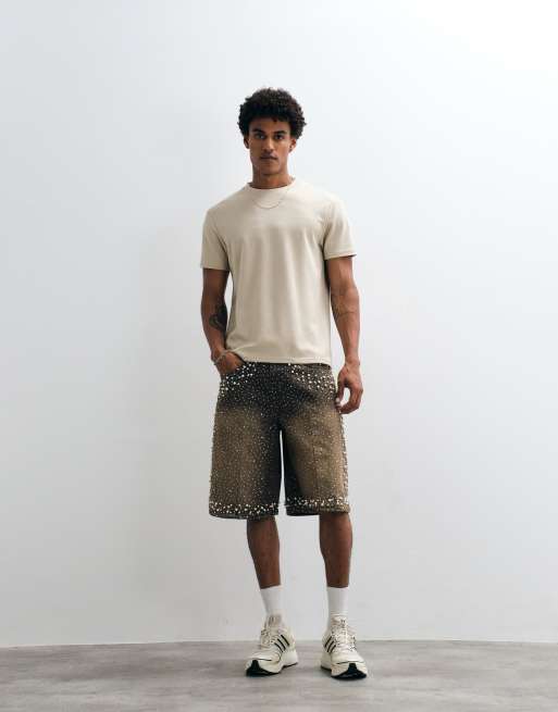 Courtside rhinestone pearl embellished jorts in dirty wash, 3 of 5