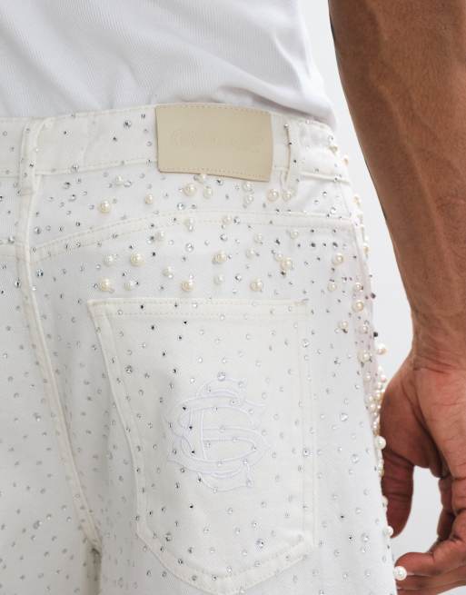 Courtside rhinestone pearl embellished jorts in white, 5 of 5