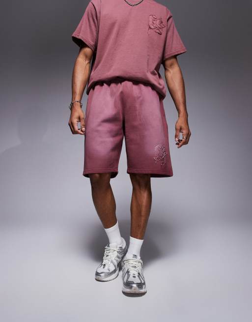 Courtside - Ruimvallende shorts van co-ord set met logodetail in bessenkleur met wassing, 2 van 5