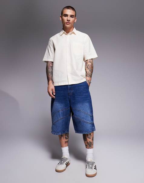 Courtside seam detail denim jort in washed blue - view 1