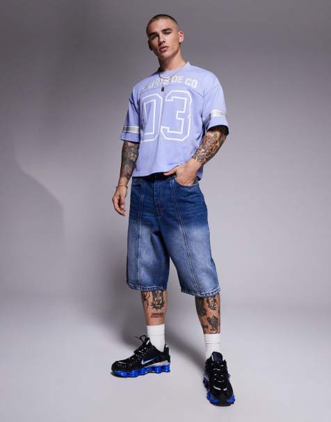 Courtside seam detail denim jort with back pocket embroidery in medium washed blue - view 1