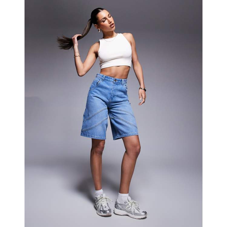 Courtside seam detail denim jorts with back pocket logo embroidery