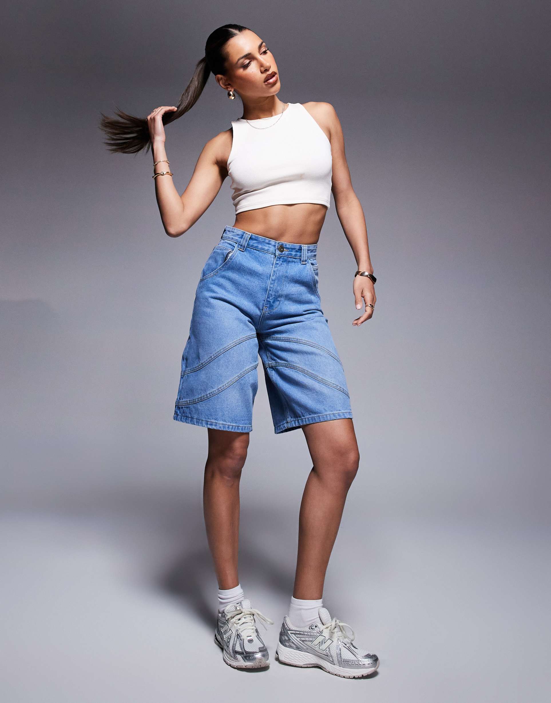 courtside seam detail denim jorts with back pocket logo embroidery in washed blue