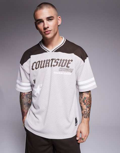 Courtside sports logo detail contrast panel oversized t-shirt in brown - view 1