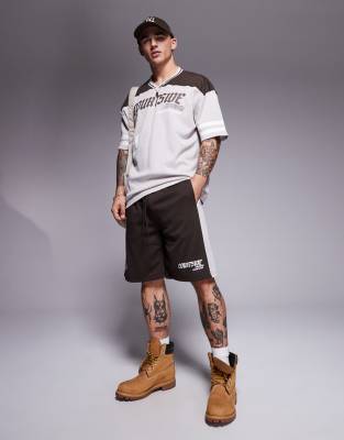 Courtside sports logo detail relaxed short with contrast panel in brown - view 1