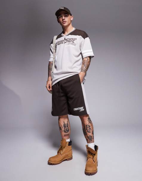Courtside sports logo detail relaxed shorts with contrast panel in brown - view 1