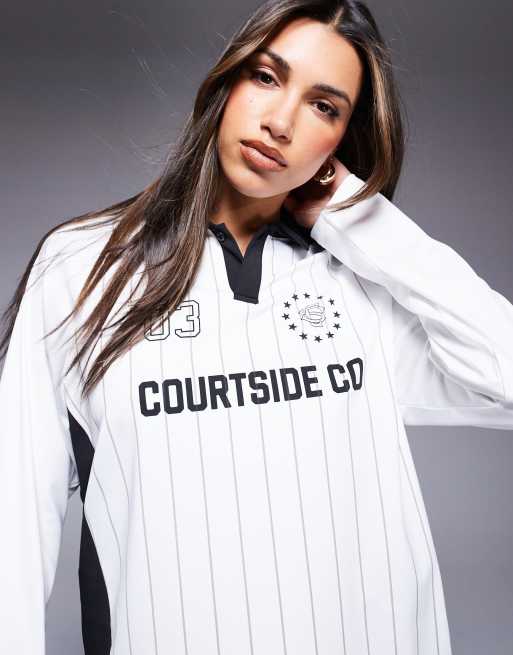 Courtside sports long sleeve logo detail panel top in white multi, 4 of 4