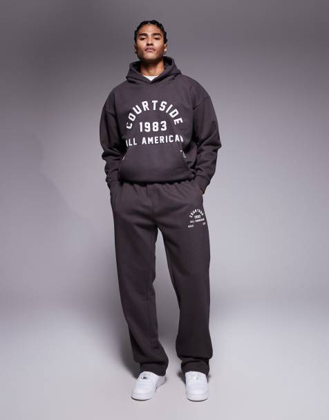 Courtside straight leg sweatpants in brown with collegiate print - part of a set - view 1