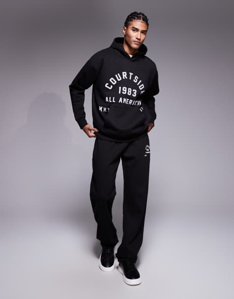 Courtside straight leg trackies in black with collegiate print (part of a set) - view 1