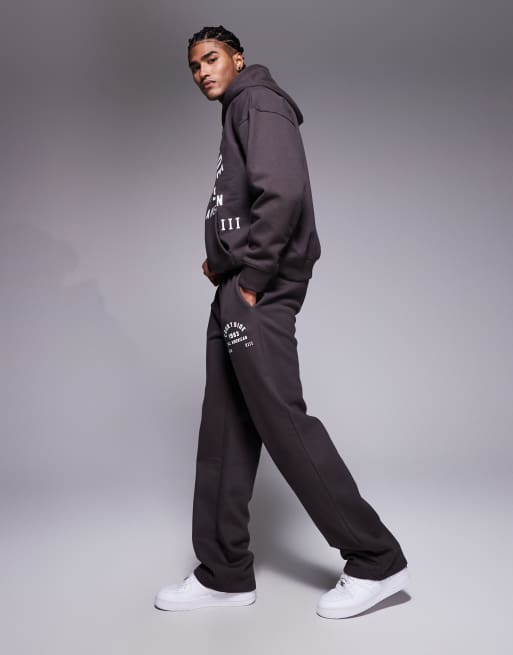 Courtside straight leg trackies in brown with collegiate print (part of a set), 3 of 5