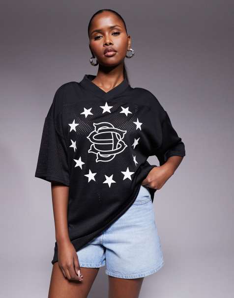 Courtside super oversized v neck jersey top in black - view 1