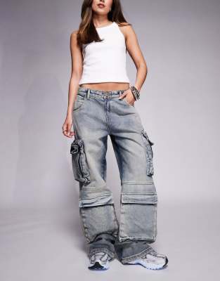 Courtside - Superweite Jeans in grauer Waschung mit Taschen-Detail