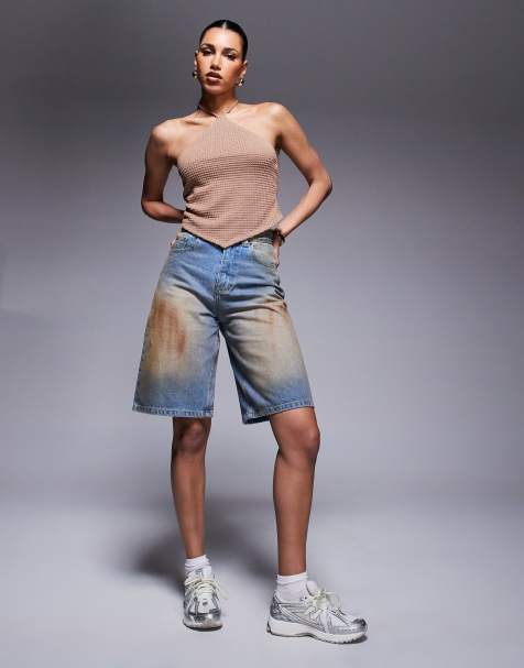 Courtside carpenter denim jort in distressed dirty brown wash