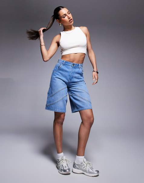 Courtside seam detail denim jort with back pocket logo embroidery in washed blue