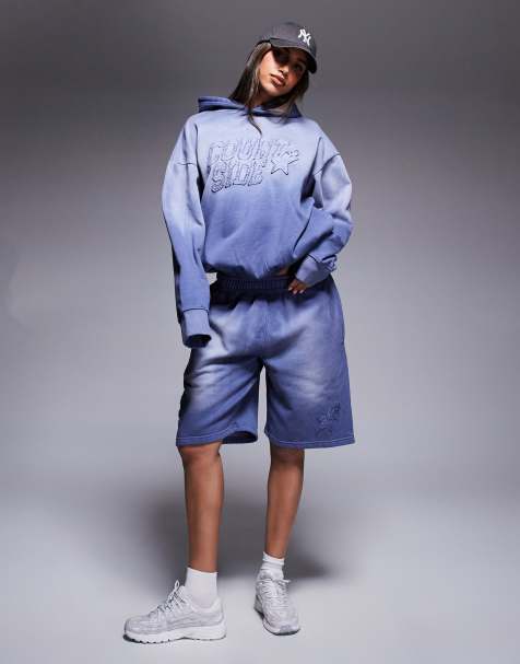 Courtside logo detail relaxed raw hem short co-ord in washed blue