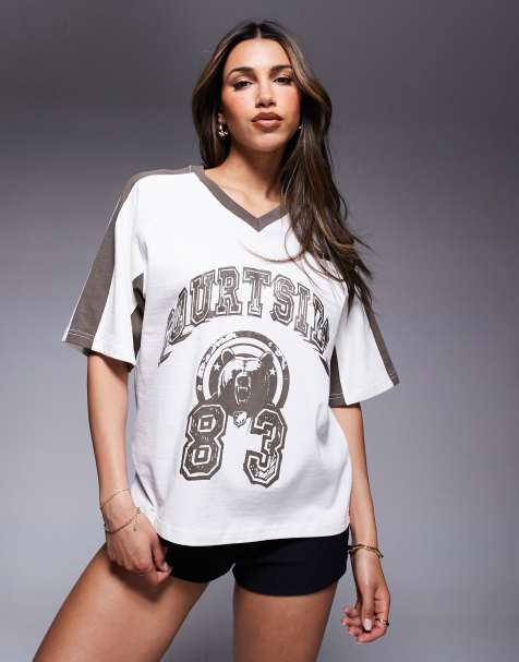 Courtside - T-shirt oversize avec empiècement contrastant et motif - Crème - view 1
