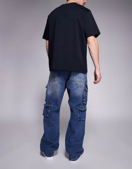 Courtside ultra baggy pocket detail jeans in stonewash blue
