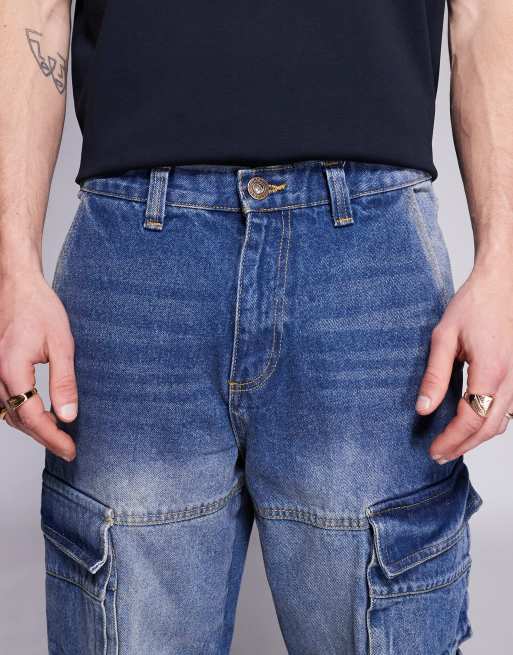 Courtside ultra baggy pocket detail jeans in stonewash blue