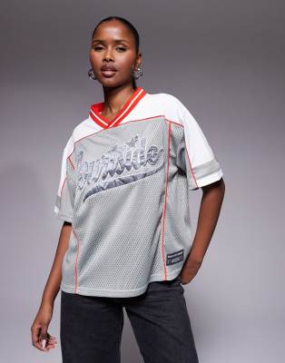 Courtside v-neck hockey jersey in gray with beige paneling gray
