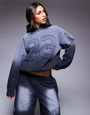 varsity detail hoodie in washed black - part of a set-Blue