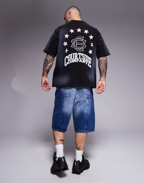 Courtside - Vasket sort oversized T-shirt med kontrasterende logo på ryggen i stof på 250 gsm - view 1