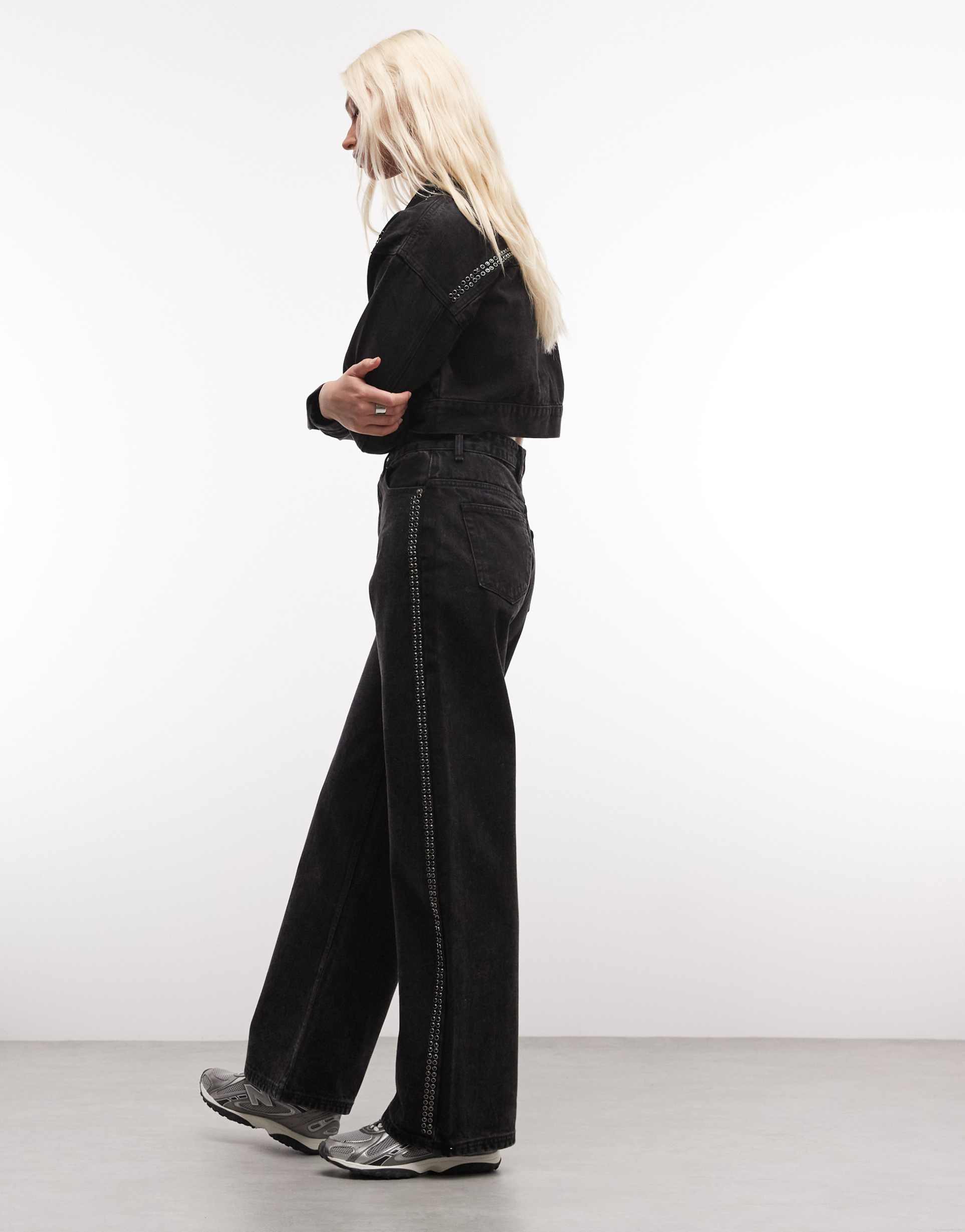 courtside wide leg stud detail jeans in black wash - part of a set