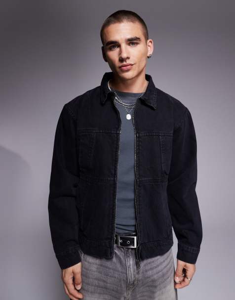 Courtside zip detail denim jacket in washed black - view 1